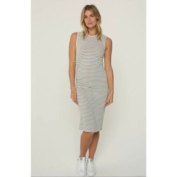 Monrow Supersoft Pinstripe Asymmetrical Shirred Midi Dress Size M Ash Pinstripe - Picture 1 of 4